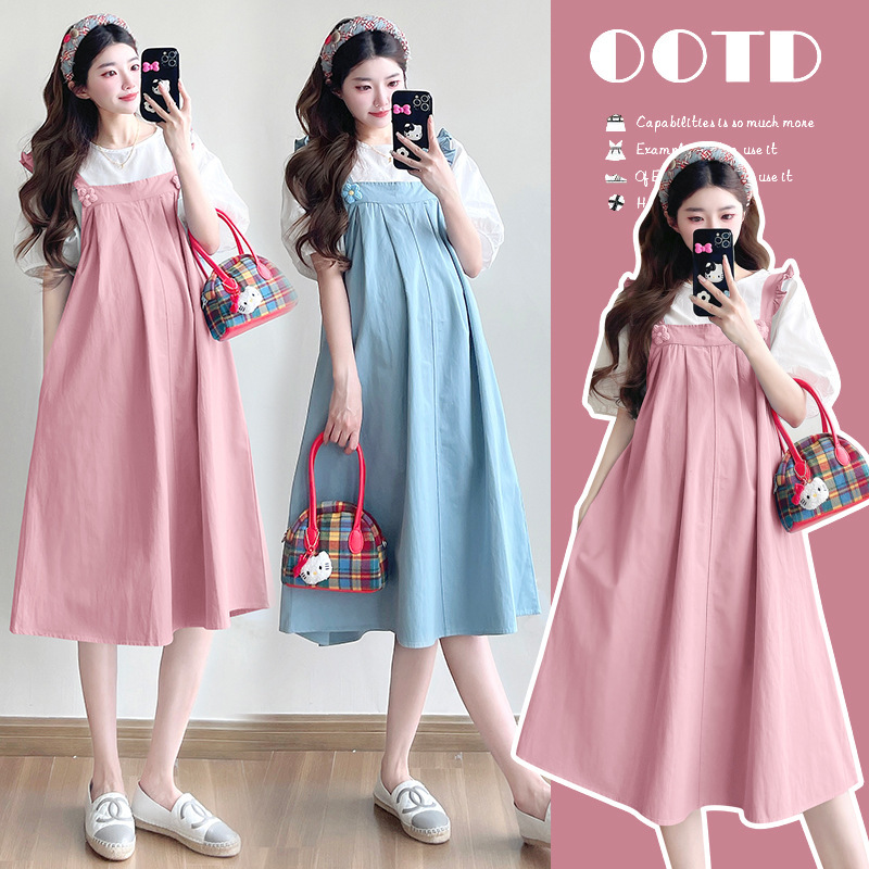 Real Shot in Stock ~ 2025 Summer Style Front and Back Two-Wear Sweet Age-Reducing Maternity Dress Suit Blue Vest Dress