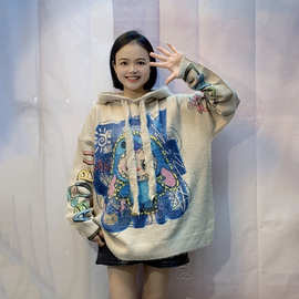 针织连帽毛衣女2025新款复古印花毛衣宽松洋气大码水貂毛上衣帽衫