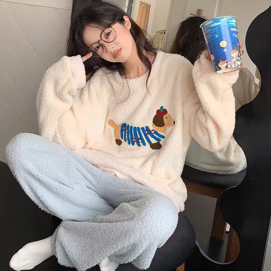 2026可爱卡通小狗睡衣女秋冬新款半边绒珊瑚绒休闲保暖冬季家居服