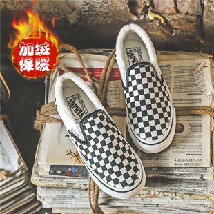 202 winter Korean style chessboard Plaid fleece-lined slip-on canvas shoes street shot chic warm cotton-padded shoes all-match Board Shoes