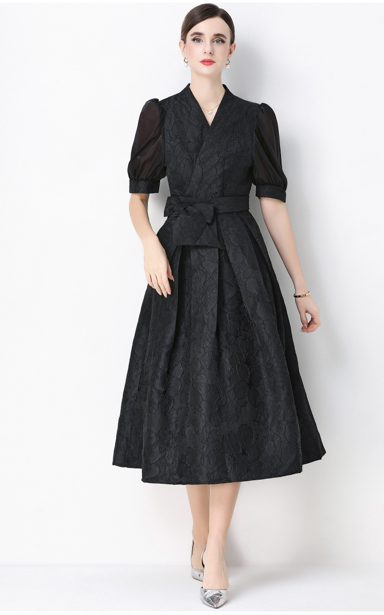 Đầm maxi nữ thắt eo V cổ tay ngắn họa tiết jacquard thanh lịch — màu đen, xanh lam, Màu hồng, màu trắng chi tiết 17