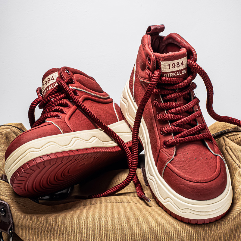 High-Top Men's Shoes 2026 New Winter Trendy Versatile Red Mid-Top Sneakers Men's Height-Increasing Thick-Soled Sports Trendy Shoes
