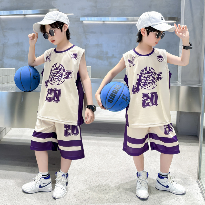 Boys' Summer Outfit, Big Kids' Summer Sportswear, Children's Jersey, Boys' Quick-Dry Basketball Uniform, Sleeveless Tank Top, Trendy