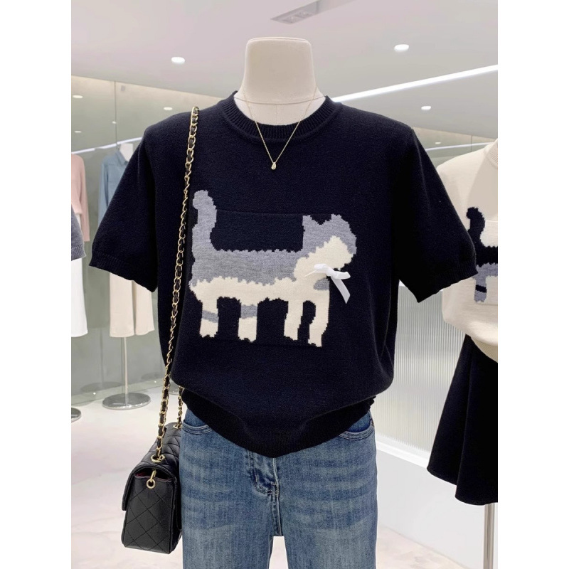黑色小猫咪提花圆领短袖针织衫上衣女夏季设计感韩系刺绣正肩T恤