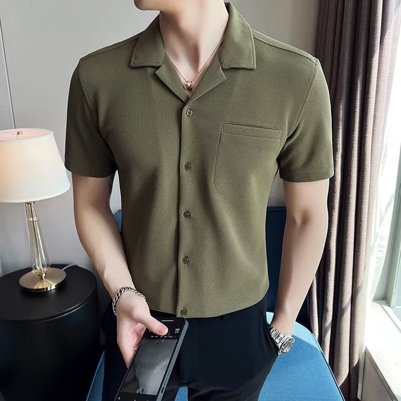 Ice Silk Waffles Cuban Collar Short Sleeve Shirt Men's British Men's Summer Half Sleeve Shirt Thin Casual Top Clothes
