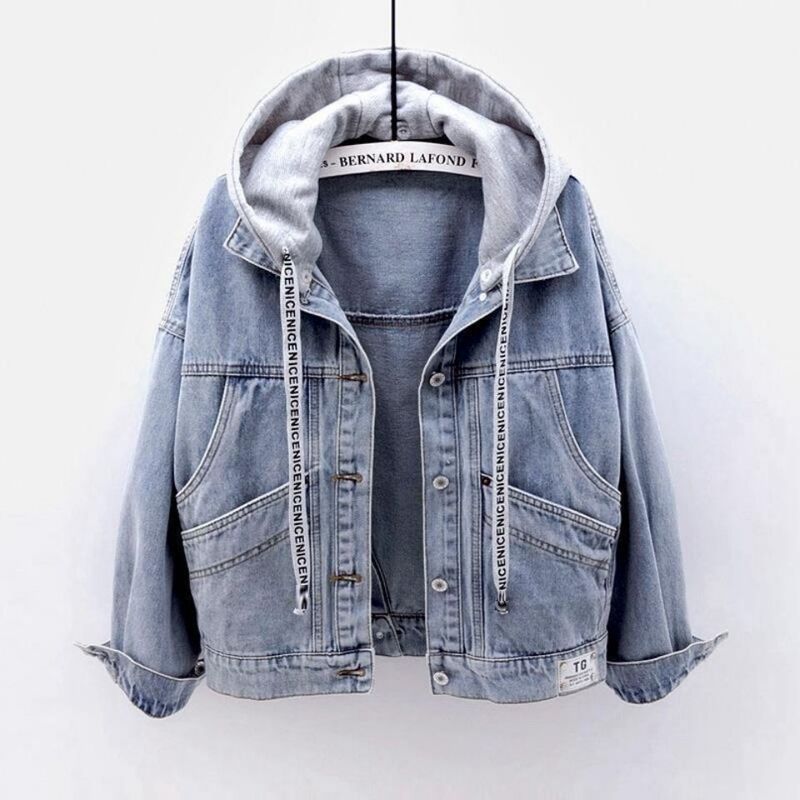Denim Jacket for Female Students, Korean Style Loose Short Jacket, Long-Sleeved Hooded Jacket, Multi-Pocket Versatile Top for Autumn and Winter