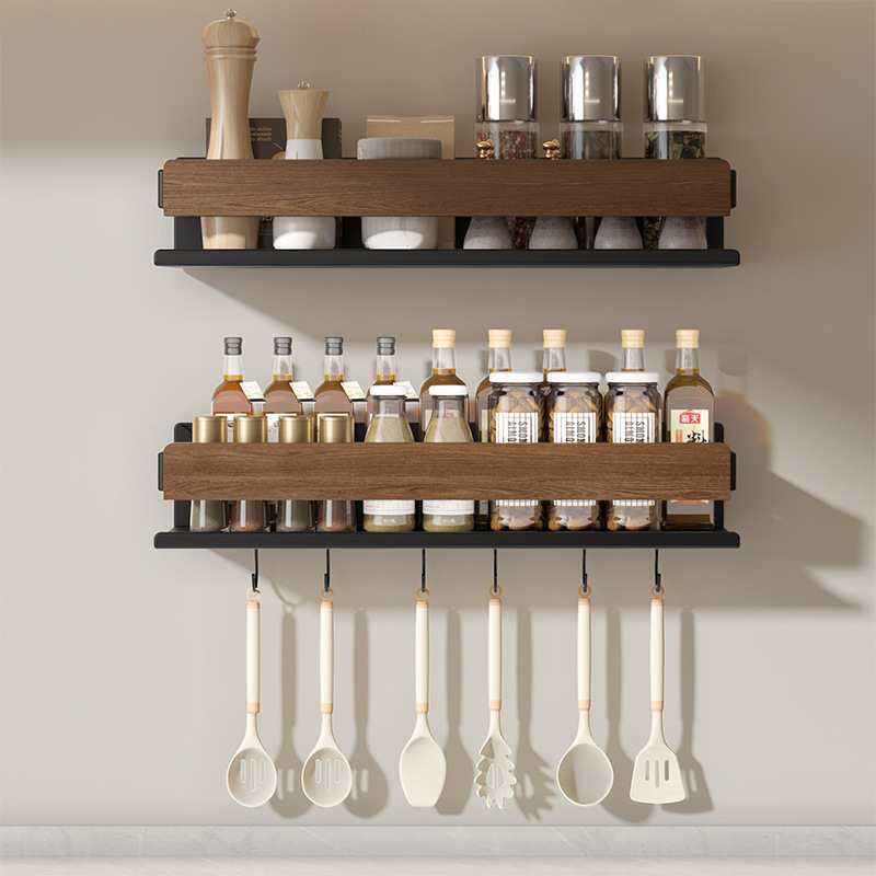 Walnut Kitchen Storage Rack Spice Rack Punch-Free Multi-Functional Knife, Chopsticks and Spoon Wall-Mounted Storage Rack Antique Style