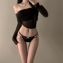 原创双蝴蝶结蕾丝丁字裤女性感镂空内裤纯欲蝴蝶结绑带T裤