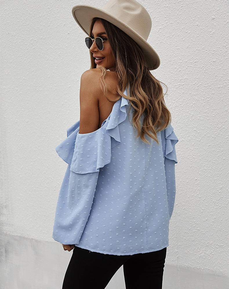 Ruffled Halterneck Long-Sleeved Off-Shoulder T-Shirt NSDY100529