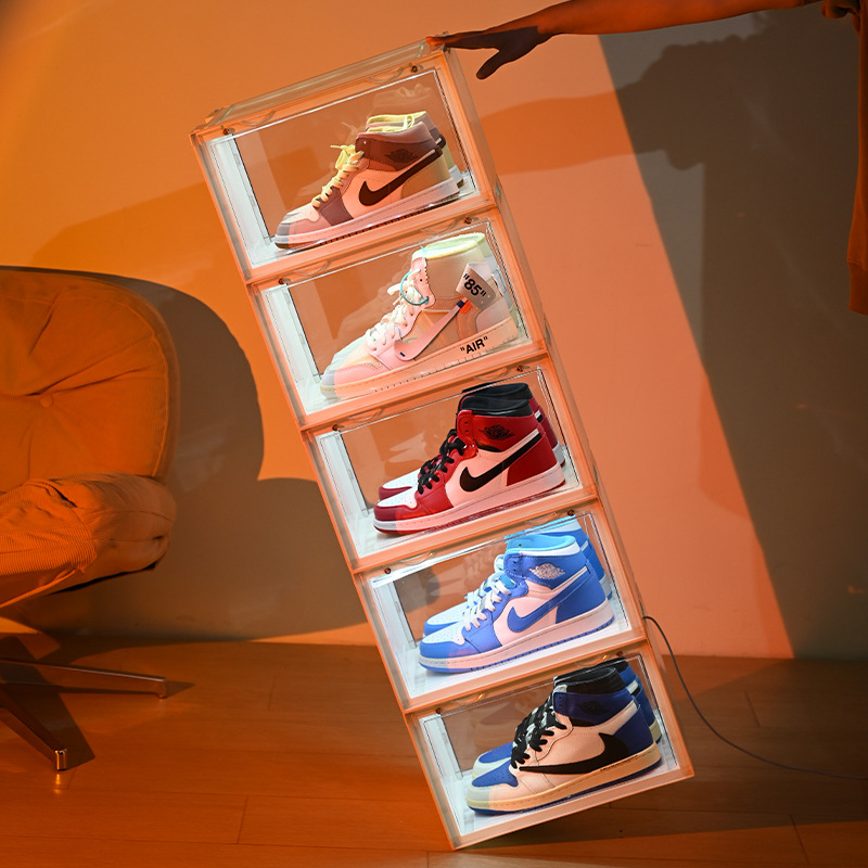 Caja de zapatos luminosa controlada por voz caja de almacenamiento de zapatillas transparentes caja de zapatos AJ caja de zapatos de plástico gabinete de zapatos zapatero caja de zapatos de baloncesto