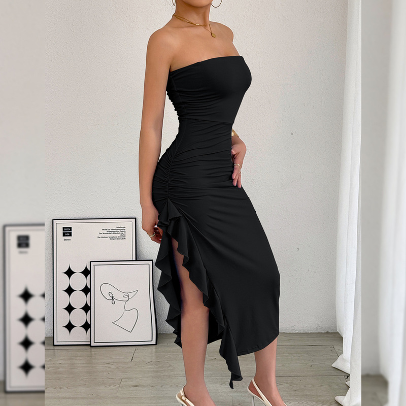 2026 Amazon Autumn and Winter New Cross-Border Women's Fashion European and American Style Slim Fit Slit Wrap Chest Bodycon Sexy Dress