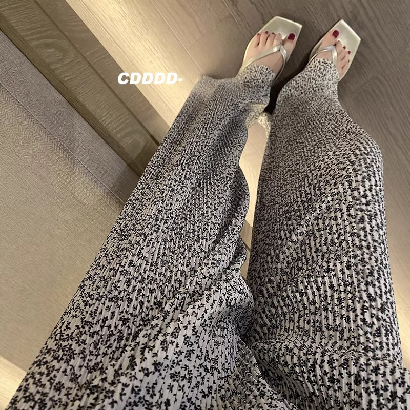 Summer Loose Thin Ice Silk Floral Floor-Length Straight Pants High-Waisted Slimming Drapey Pleated Wide-Leg Pants for Women