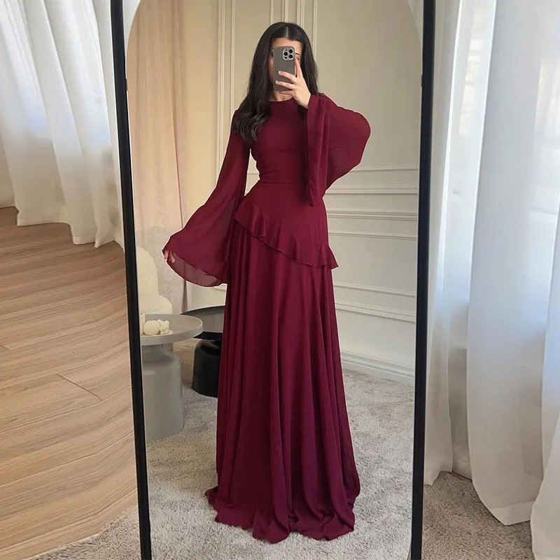 欧美跨境2025新款褶皱长裙女装修身o型领收腰晚礼服时尚连衣裙|undefined