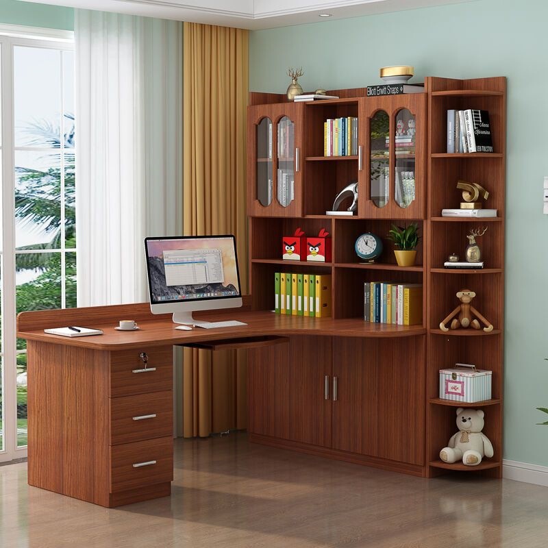 Solid Wood Desk and Bookshelf Combination Corner Computer Desk with Integrated Bookcase for Children's Bedroom Corner Study Writing Desk