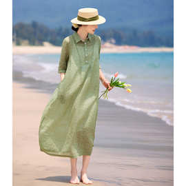 2025棉麻女装新品文艺风中袖苎麻烧花连衣裙休闲旅行长裙