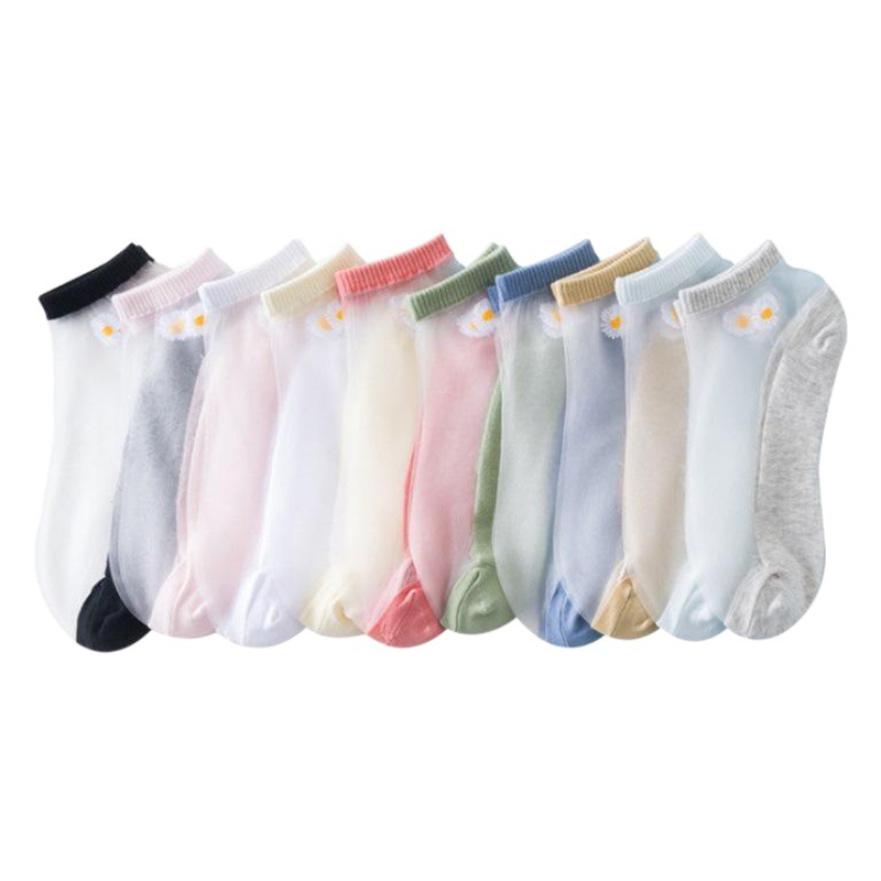 Primavera y verano nuevas medias de vidrio Daisy TikTok popular Tarjeta de fondo de algodón fino calcetines de seda para mujer