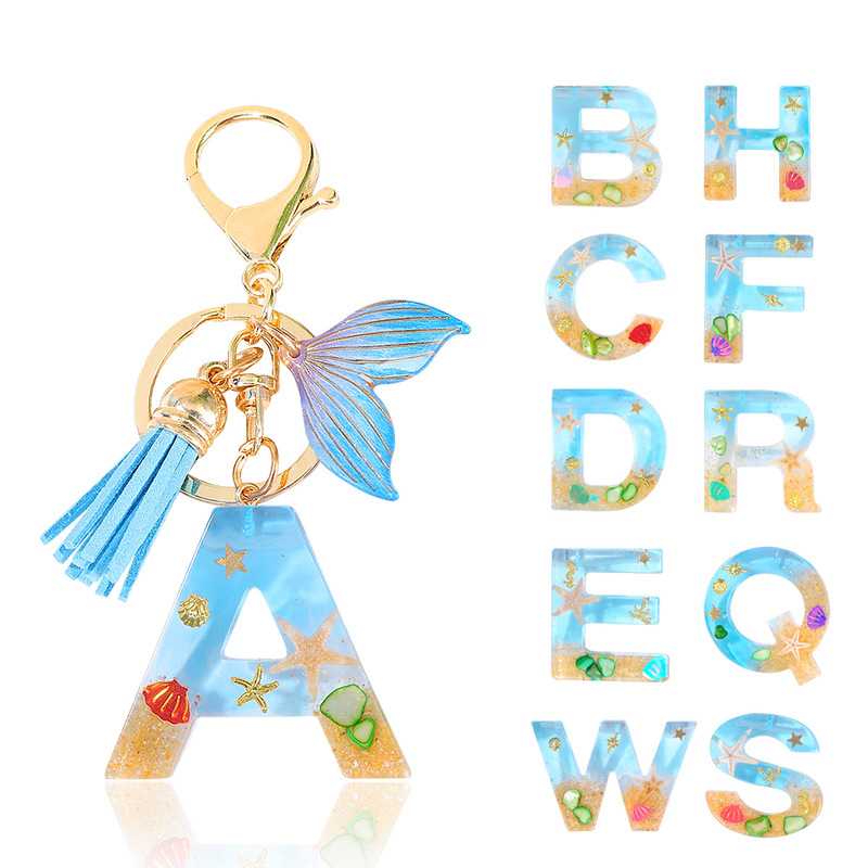 Cross-Border Ocean Style 26 Letter Keychain Summer Vacation Whale Tassel Accessories Keychain Blue Keychain