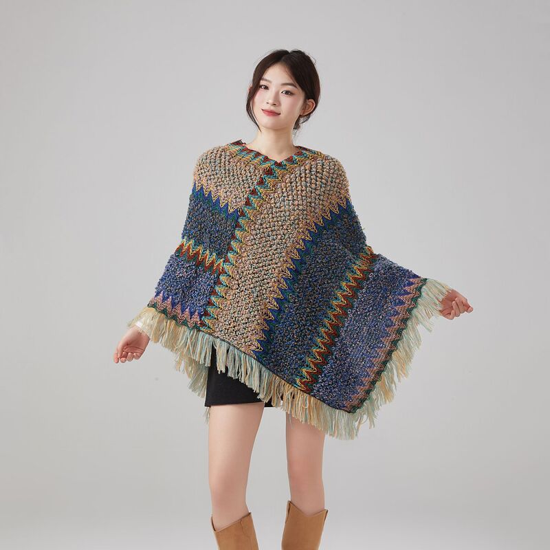 Ethnic Style Retro Cape Shawl Yunnan Lijiang Travel Knit Outerwear with Tassels Thickened Warm Cloak Pullover for Women Ethnic Style Retro Cape Shawl Yunnan Lijiang Travel Knit Outerwear with Tassels Thickened Warm Cloak Pullover for Women