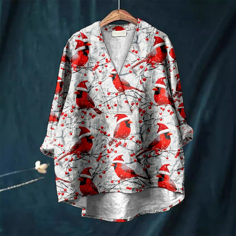 European and American New Independent Station Women's Christmas Shirt 3D Digital Printing V Neck Long-Sleeved Element Casual Shirt