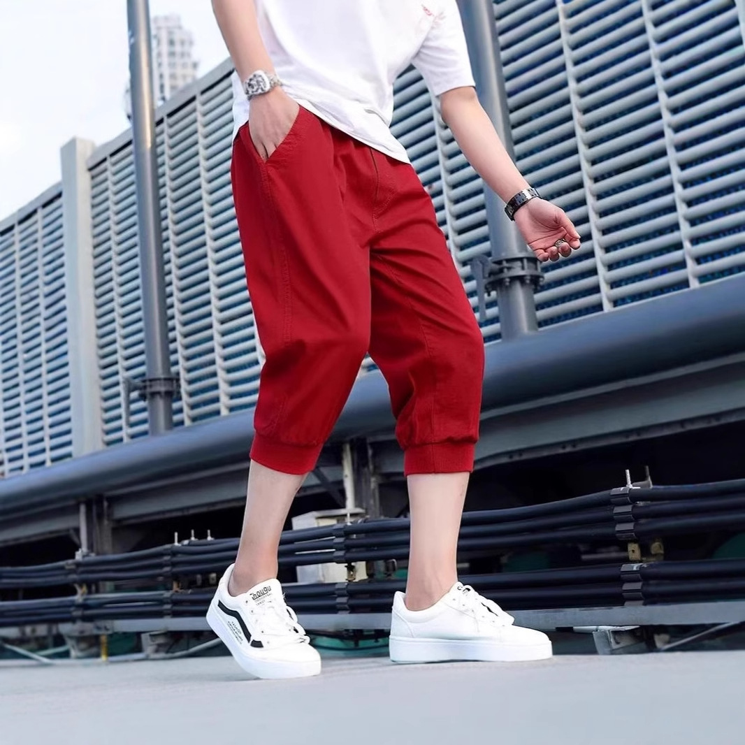 2025 Foreign Trade Men's Shorts Outer Wear Summer Thin All-Match Medium Pants Solid Color Trendy L Loose Casual 7 Cropped Pants
