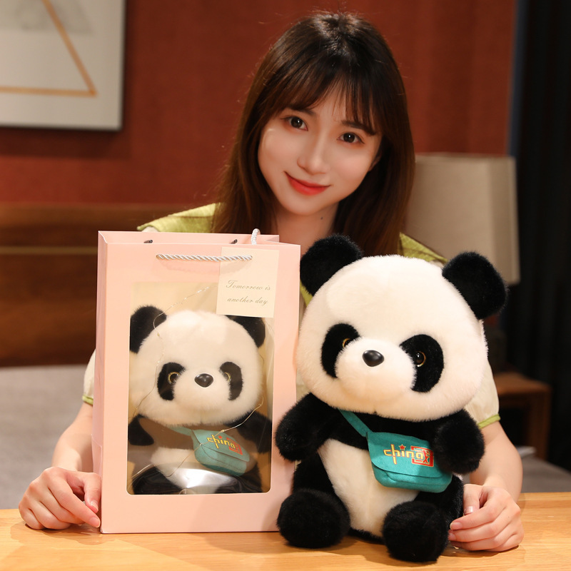 귀여운 귀여운 팬더 인형 봉제 장난감 배낭 팬더 인형 동물원 기념품 선물 도매 로고