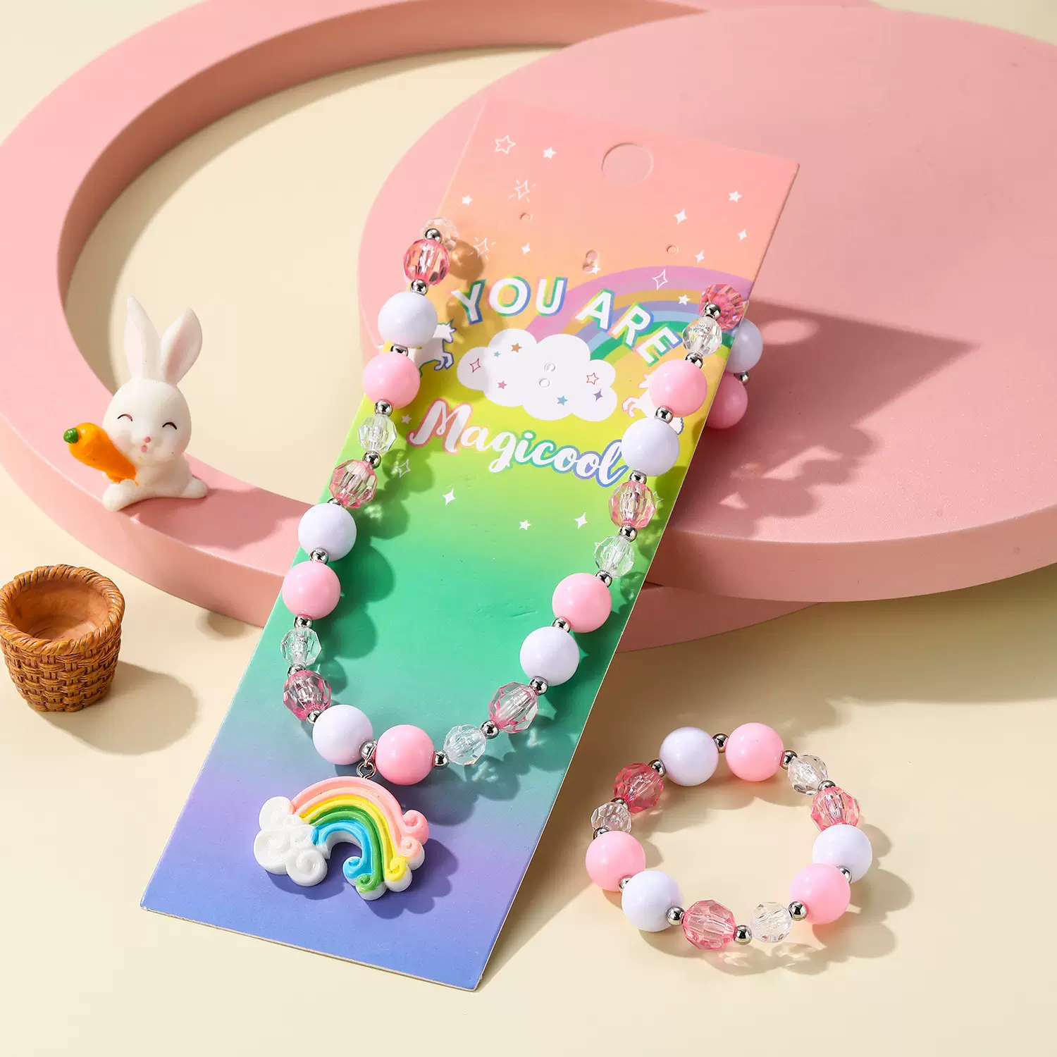 彩色多巴胺儿童项链套装粉色女孩串珠手链项饰卡通彩虹独角兽吊坠