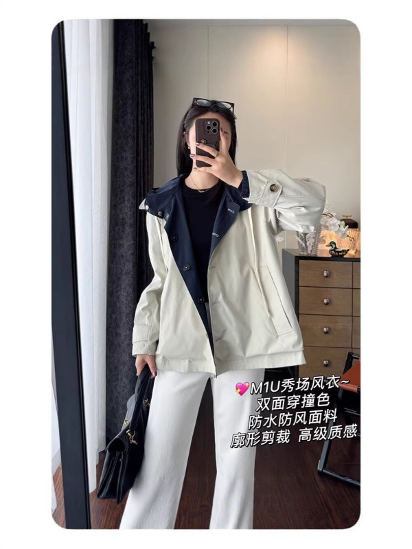 双面穿复古韩版秋季新款英伦风撞色连帽中长款女风衣廓形百搭外套|undefined