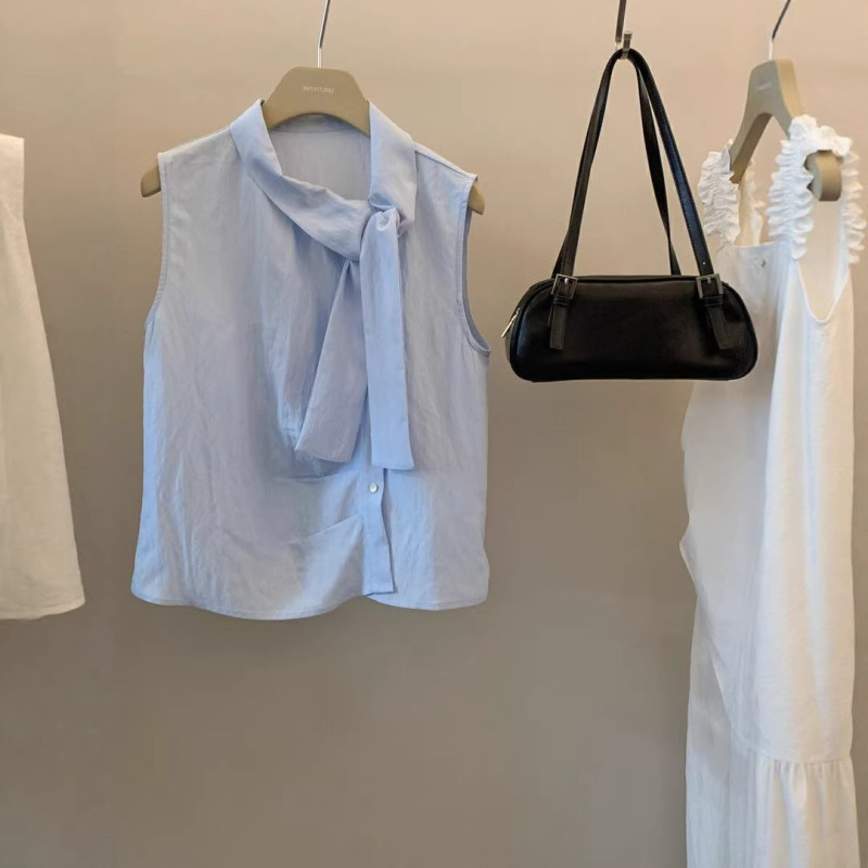 Korean-Style Design with Tie Straps and Irregular Collar, French-Style Elegant Blouse for Women, Versatile and Slimming Tank Top Korean-Style Design with Tie Straps and Irregular Collar, French-Style Elegant Blouse for Women, Versatile and Slimming Tank Top