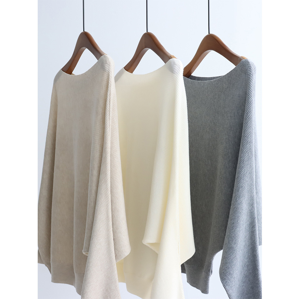 时髦斜肩羊毛混纺针织衫蝙蝠修慵懒套头上衣一字领毛衣秋冬打底女