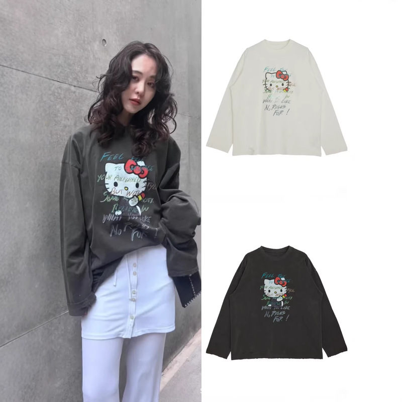 Nanyou 26Ss Early Spring New Hello Kitty Collaboration Vintage Distressed Casual Versatile Long-Sleeve T-Shirt Top for Women