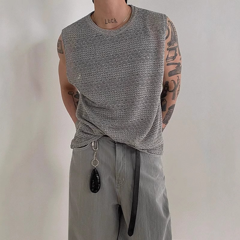 Cool and stylish men's openwork knit vest, loose fit, sleeveless T-shirt, Korean style, trendy, niche round neck vest top