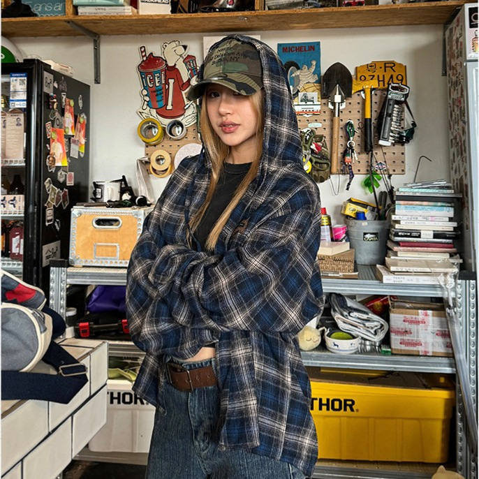 Contrast Color Plaid American-Style Hooded Long-Sleeved Shirt for Men and Women, High-End Retro Street Style Loose Casual Polo Shirt Trendy Brand