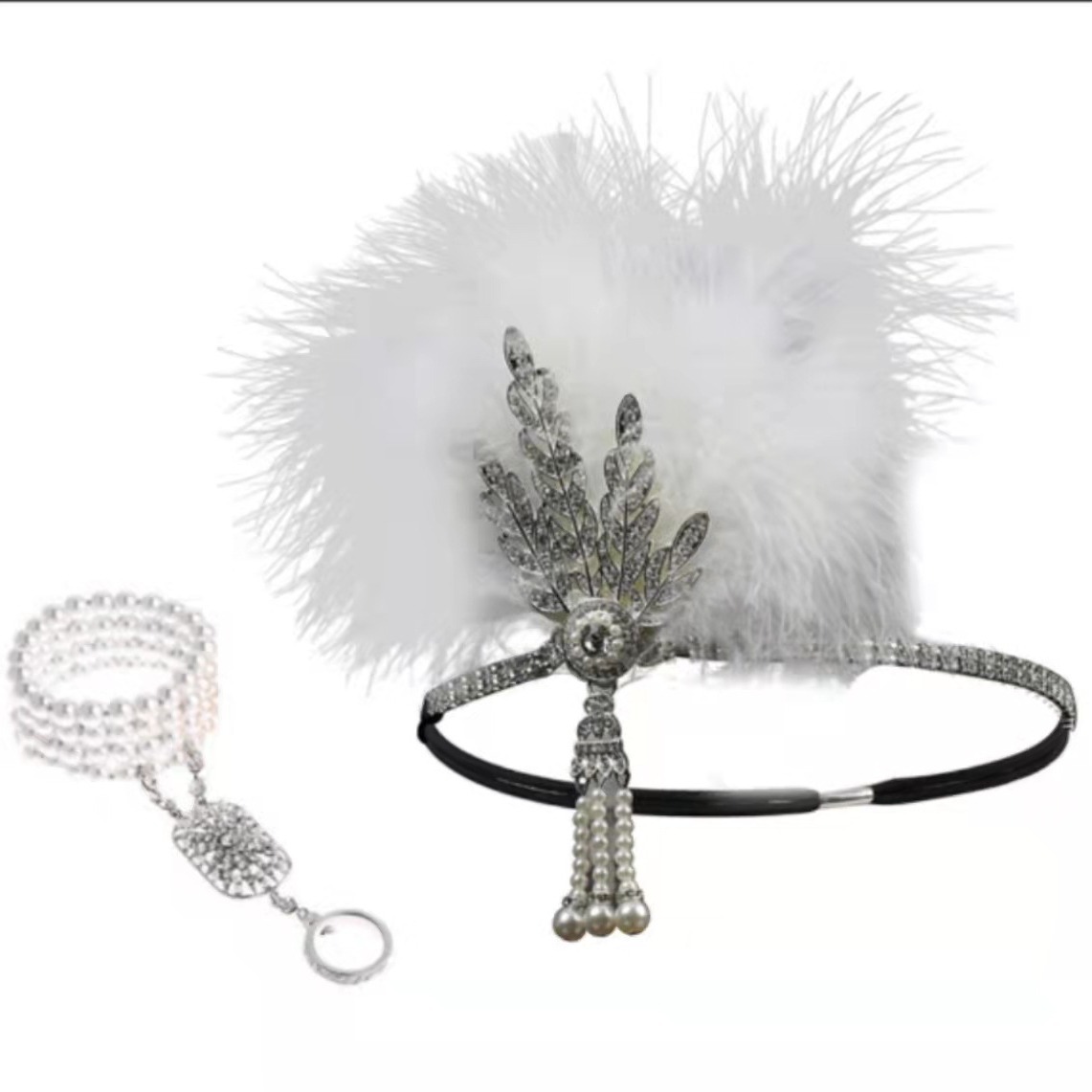 1960s Gatsby Venta caliente retro danza diadema negro avestruz pluma banda de pelo perla rhinestone tocado club nocturno