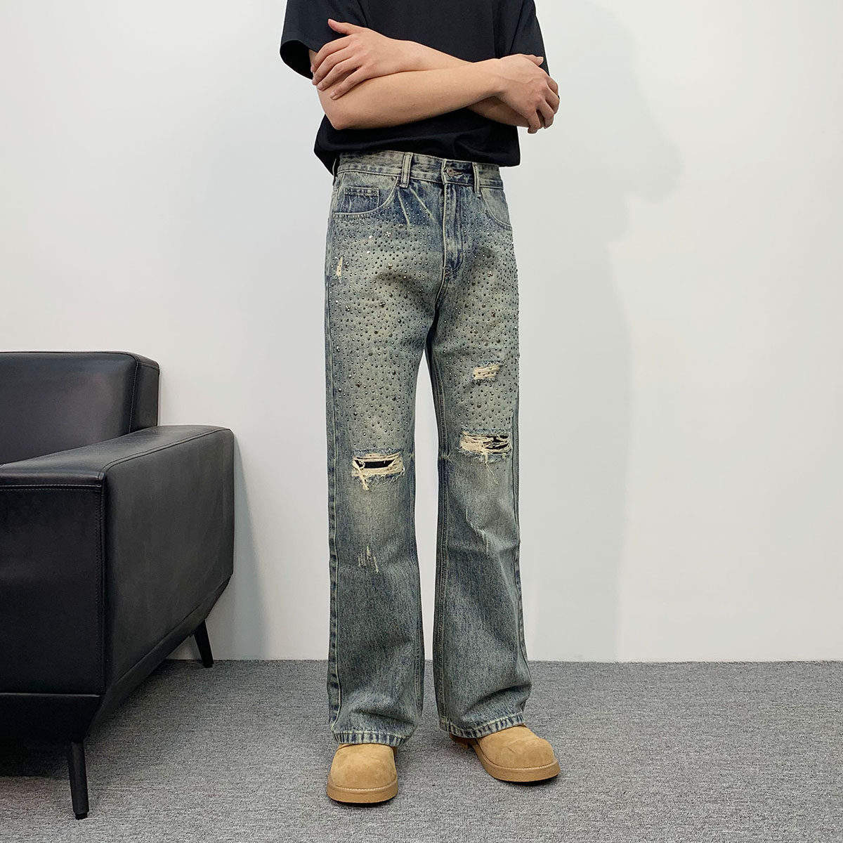 Personalisierte, mit Strasssteinen verzierte Jeans für Herren, Frühling und Sommer, Used-Look, von einer bekannten Modemarke, stylische Straight-Leg-Schlagjeans_voghion.com