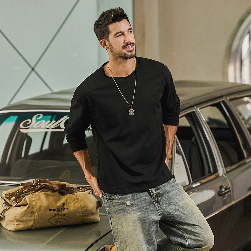 High-End Pure Cotton Men's Long-Sleeve T-Shirt, Autumn Loose Trendy Base Shirt, Versatile Men's Sports T-Shirt Wholesale High-End Pure Cotton Men's Long-Sleeve T-Shirt, Autumn Loose Trendy Base Shirt, Versatile Men's Sports T-Shirt Wholesale