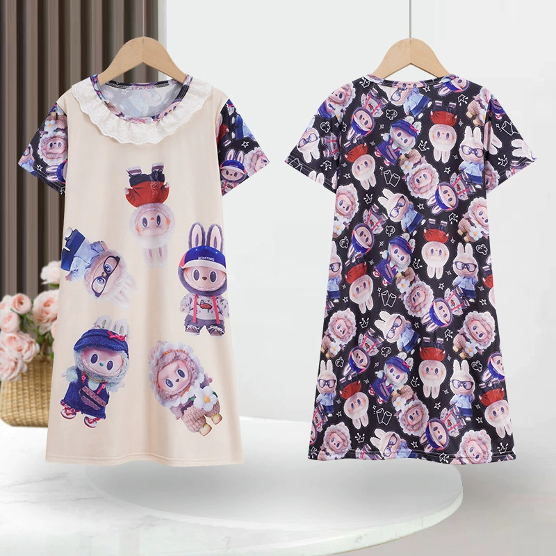 Летняя пижама для девочек Сладкая милая ночная юбка с короткими рукавами мультяшная студентка летняя тонкая длинная юбка домашняя одежда можно носить на улице