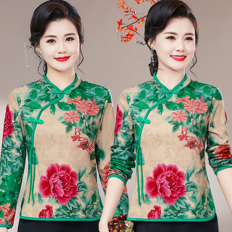 Футболка среднего и пожилого возраста с длинными рукавами, весенне-осенний вертикальный воротник, пряжка, пряжка, маленькая рубашка