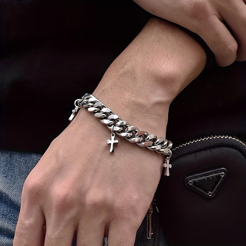 Men's Bracelet Fashion Elegant Simple Bracelet All-match Cold Style Titanium Steel Cross Bracelet Trendy Hip Hop Cool Korean Version