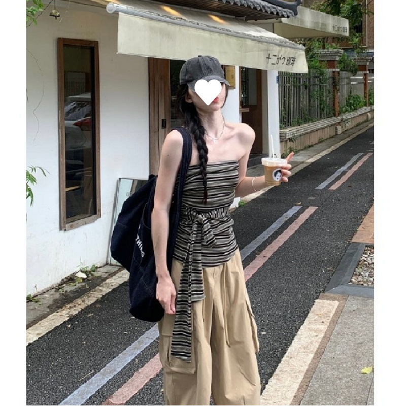 Retro Color-Block Striped Backless Tube Top for Women, Summer Tie-Up Slim-Fit Sleeveless Outerwear with a Stylish Design