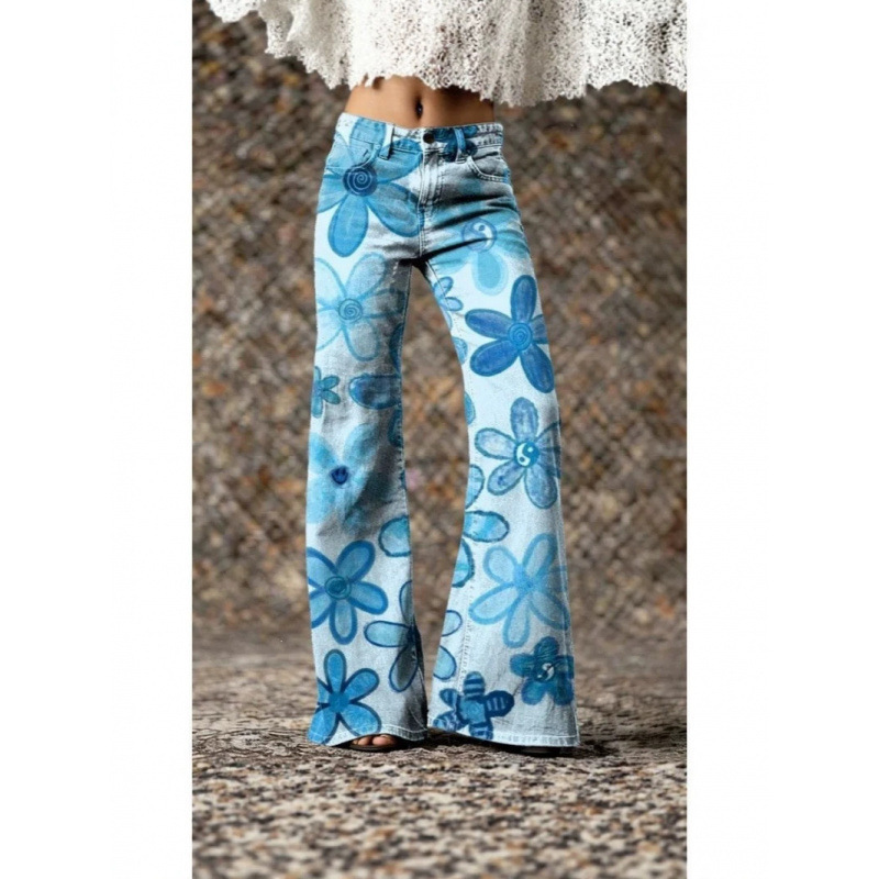American-style retro blue floral 3D digital print flared jeans for women, wide-leg flared casual long pants