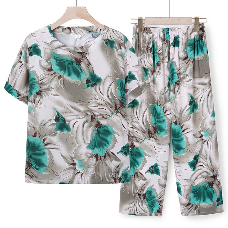 Одежда для мамы среднего и пожилого летнего летнего зазорного шею с короткими рукавами старая бабушка летняя футболка из двух частей свободный большой размер