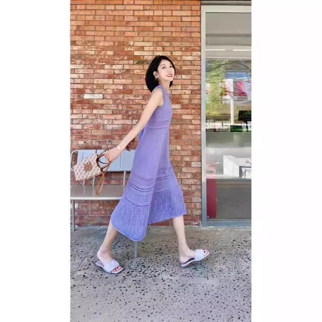 茶歇法式紫色浪漫镂空针织钩花连衣裙女装夏季收腰无袖背心长裙女