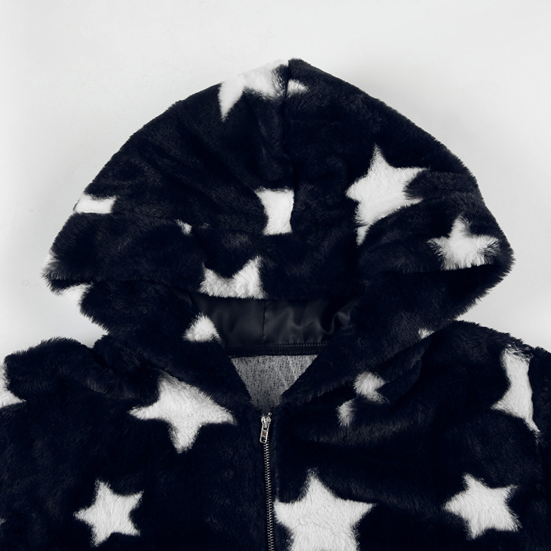 Five Pointed Star Hooded Loose Plush Warm Coat Millennium Sexy Street Contrast Color Niche Zipper Sweatshirt