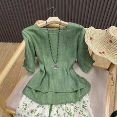 天糸ラミー麻丸襟筋理感半袖シャツ純色レトロ文芸ゆるいジャケットtシャツ上着女TY188