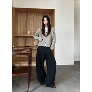 T-PLATFORM 宽松显瘦阔腿裤2026冬季加厚高腰压褶休闲卫裤女26332