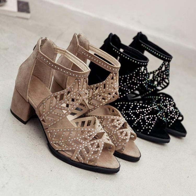 Water Diamond Sandals Women's Summer New Fish Mouth Thick High Heel Hollow Fashion Single Nightclub Sexy Black Mesh_voghion.com