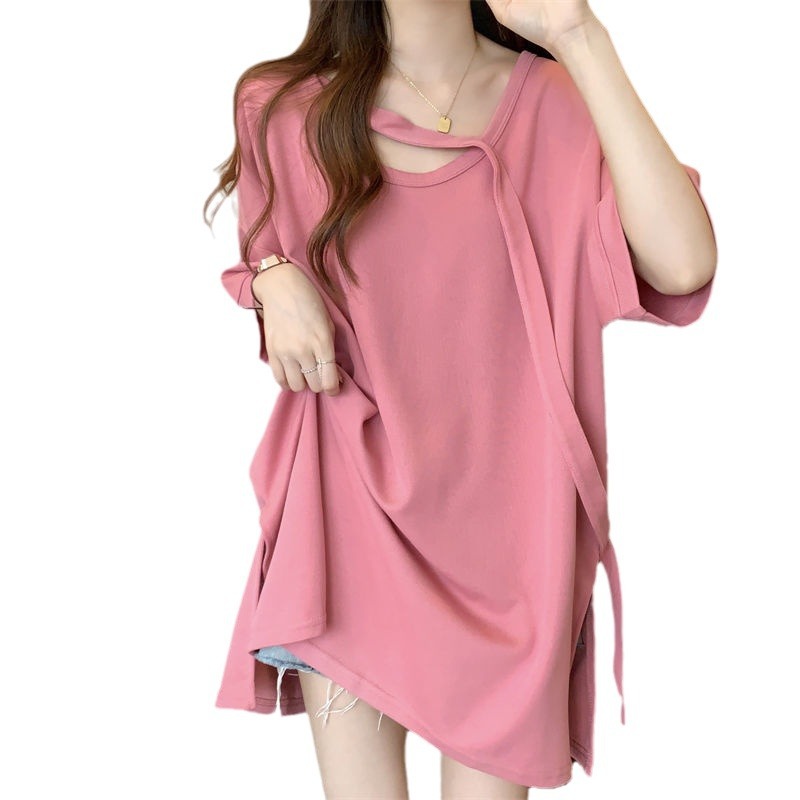 Camiseta de manga corta de longitud media de las mujeres verano nuevo adelgazamiento suelto más tamaño diseño sentido caída-hombro manga camisa de fondo superior para las mujeres image 6