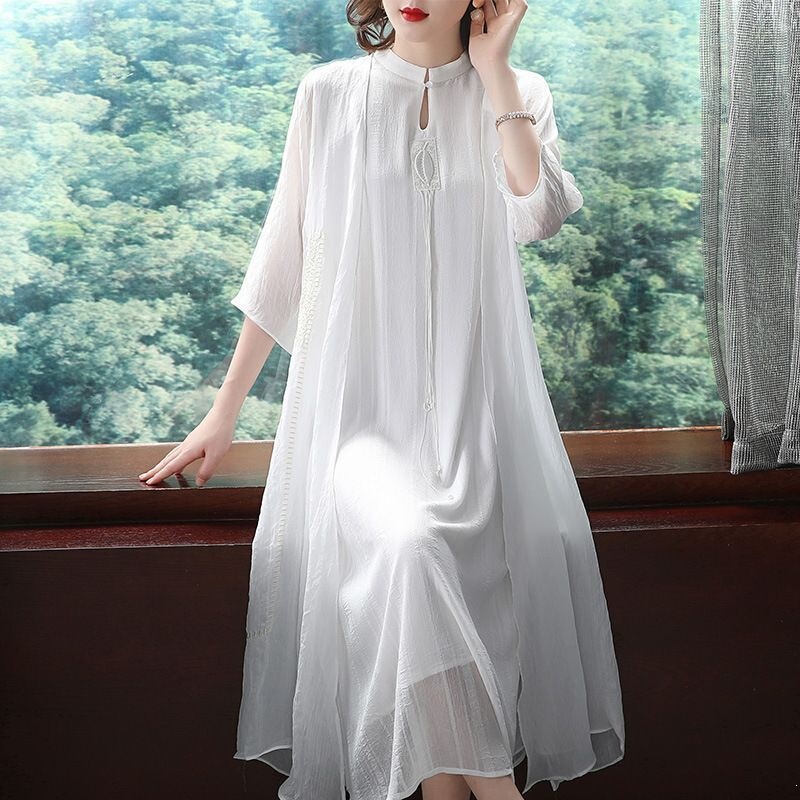 2026 Spring/Summer Two-Piece Hanfu Long Dress Chinese Style Women's Retro Elegant Improved Version of Qipao Spun Yarn Dress 2026 Spring/Summer Two-Piece Hanfu Long Dress Chinese Style Women's Retro Elegant Improved Version of Qipao Spun Yarn Dress