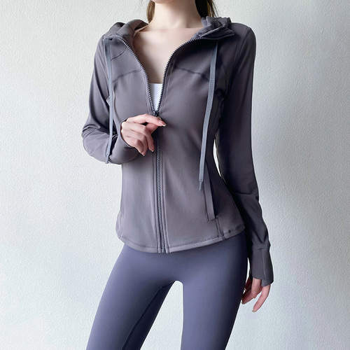 Lulu style women's yoga jacket with hood, slimming zipper cardigan workout top, running sport jacket