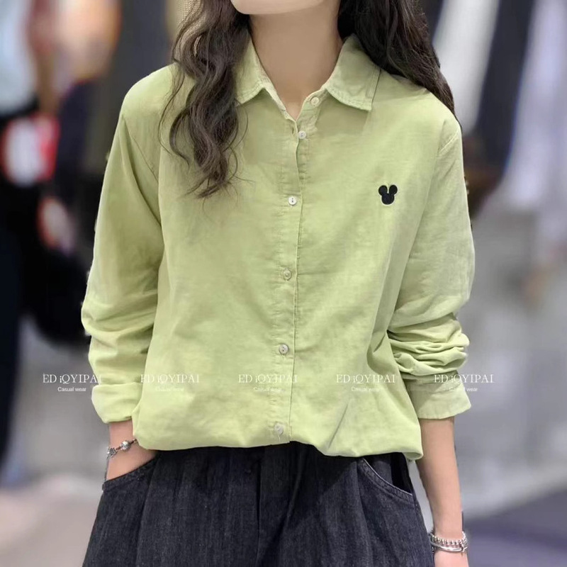 Ed3476 Sand Wash Cotton and Linen Mickey Long-sleeved Shirt Spring New Solid Color All-match Elegant Casual Long-sleeved Shirt Trendy